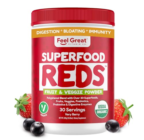 Feel Great Superfood Reds Powder - Digestive Support, Organic Polyphenols & Antioxidants - 10oz