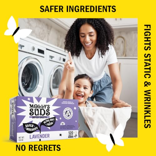 Molly's Suds Fabric Softener Dryer Sheets - Plant-Based Static Reducer, Peppermint - 120 Sheets