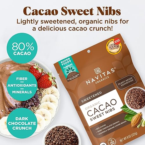 Navitas Organics Superfood Cacao Sweet Nibs - Antioxidant-Rich, Gluten-Free - 4oz Bag