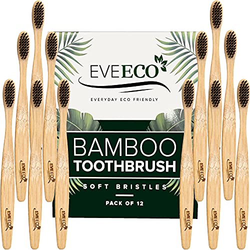 EveEco Bamboo Toothbrushes - Gentle Care for Sensitive Gums, Charcoal Bristles, 12-Pack