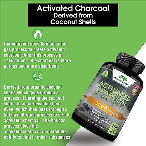 Activated Charcoal Capsules - 1,200 mg for Gas Relief & Detox, Vegan - 100 Count