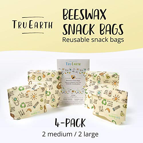 Tru Earth Beeswax Snack Bags - Reusable Food Storage, Biodegradable Materials - 4 Pack