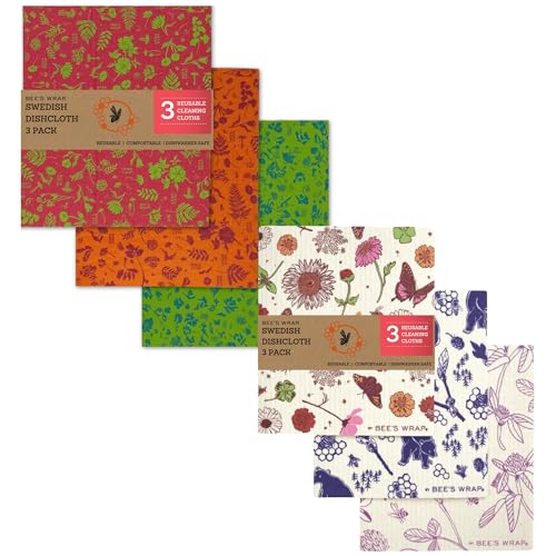 Bee's Wrap Swedish Dish Cloths - Durable, Compostable, Assorted Patterns - Set of 6