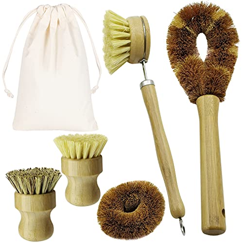 Bamboo Kitchen Cleaning Set - Natural Bristle Brushes, Ergonomic Design, 5 Pieces