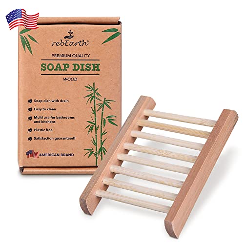 rebEarth Wood Soap Dish Holder - Handcrafted, Self-Draining, Plastic-Free - Bamboo, 1 Pack