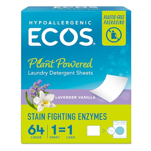 ECOS Laundry Detergent Sheets - Hypoallergenic, Plant-Powered, Lavender Vanilla - 64 Sheets