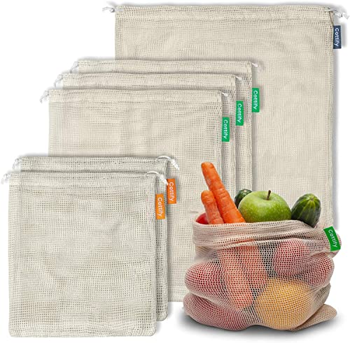 Organic Cotton Produce Bag Set - Lightweight, Washable, Tare Weight Labels - 6 Bags in 3 Sizes