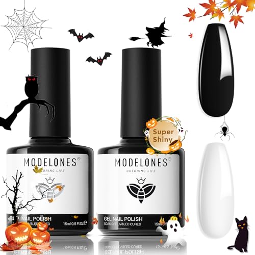 Modelones Gel Nail Polish Set - Certified Vegan, Long-Lasting Black & White Colors - 2x15ml