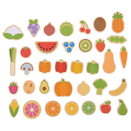 Bigjigs Toys Wooden Fruit & Vegetable Magnets - Educational Play Food, Safe Materials - 35 Pieces