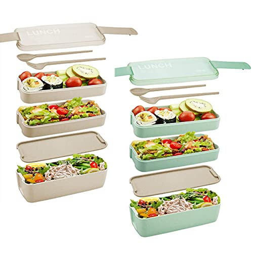 Bento Box 3-In-1 Meal Prep Container - BPA-Free, Wheat Straw, Leak-Proof, 900ML, 2 Pack