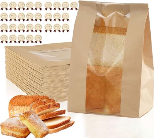 Paper Bread Bags - 30 Pack for Homemade Treats, Clear Window, Label Stickers - 13.7x8.2x3.5in