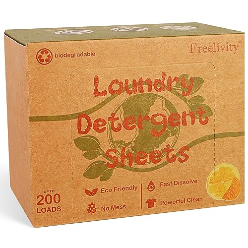 Freelivity Laundry Detergent Sheets - Hypoallergenic, Biodegradable, Lemon Orange Scent - 200 Sheets