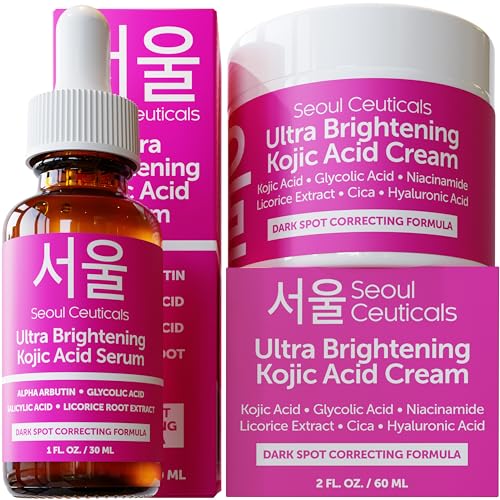 SeoulCeuticals Skin Care Set - Brightening Kojic Acid Serum & Cream for Dark Spots - 72% Organic