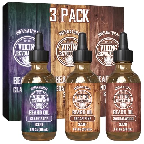 Viking Revolution Beard Oil - Tames & Conditions, Natural Ingredients, 3 Scents - 3 Pack, 1oz