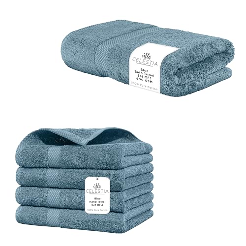 Premium 100% Cotton Towel Set - Soft, Absorbent, Chemical-Free, 5-Piece Blue Bundle