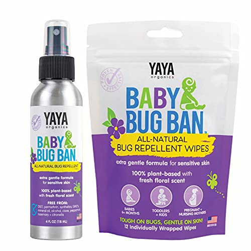 YAYA ORGANICS Baby Bug Ban Spray & Wipe Bundle - All-Natural Essential Oil Repellent, 4oz + 12 Wipes