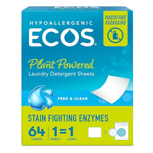 ECOS Laundry Detergent Sheets - Hypoallergenic, Plant-Powered, Plastic-Free - 64 Sheets