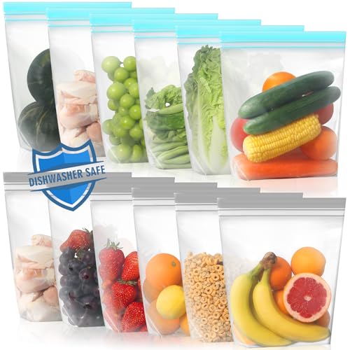 Lerine Reusable Gallon Freezer Bags - Leakproof, Microwave & Dishwasher Safe - 12 Pack