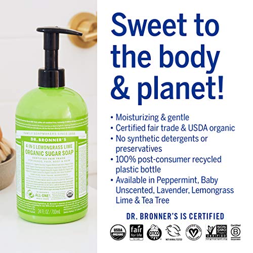 Dr. Bronner's Organic Sugar Soap - Nourishing with Organic Oils & Shikakai, Lemongrass - 64oz