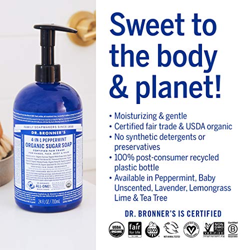 Dr. Bronner's Organic Sugar Soap - Nourishing Cleanser with Shikakai, Peppermint - 64oz