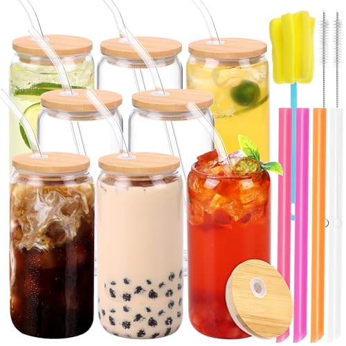 Moretoes 8pcs 16oz Drinking Glass Set - BPA-Free, Reusable Straws, Bamboo Lids - Perfect for Parties