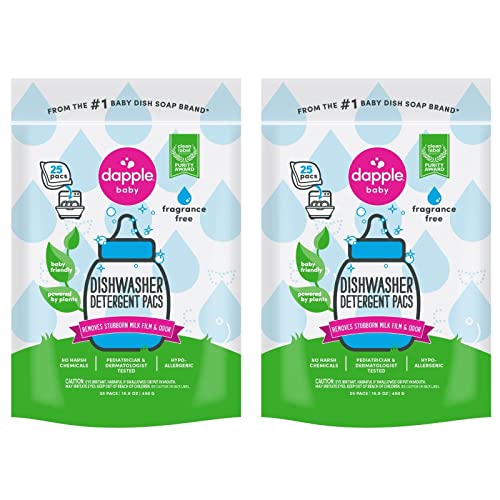 Dapple Baby Dishwasher Detergent Pacs - Plant-Based, Hypoallergenic, Removes Milk Residue - 25 Count