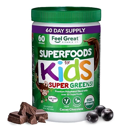 Feel Great Superfood for Kids - Vegan Chocolate Greens Powder with Probiotics - 2 Month Supply