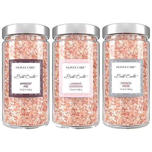 OLIVIA CARE Bath Salt Combo - Relieves Muscles, Exfoliates & Hydrates - Apricot Fig, Rose, Jasmine