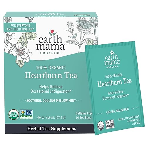 Earth Mama Organic Heartburn Tea - Soothing Herbal Blend, Non-GMO, Caffeine-Free - 16 Teabags