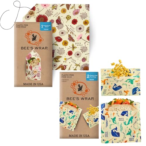 Bee's Wrap Food Storage Bundle - Vegan, Organic Cotton, Reusable Bags & Wraps - 3 Pack