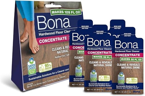 Bona Hardwood Floor Cleaner Concentrate - Residue-Free, Biodegradable, Plant-Based - 4 Pouches