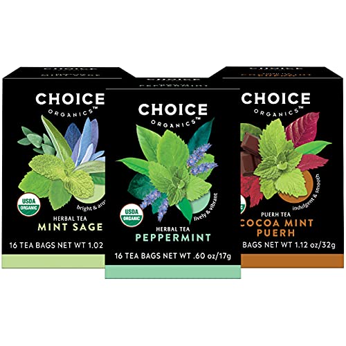 Choice Organics Mint Tea Sampler - USDA Organic, Non-GMO, Vegan - 48 Bags of Peppermint & More