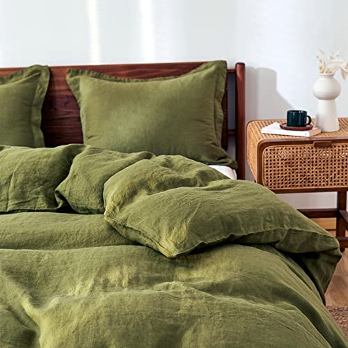 Simple&Opulence Linen Duvet Cover Set - Soft, Breathable, OEKO-TEX Certified - Olive Green, Twin