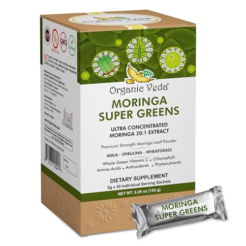 Organic Veda Moringa Powder - Boosts Energy & Immunity, 20X Concentrated Superfood - 30 Sachets