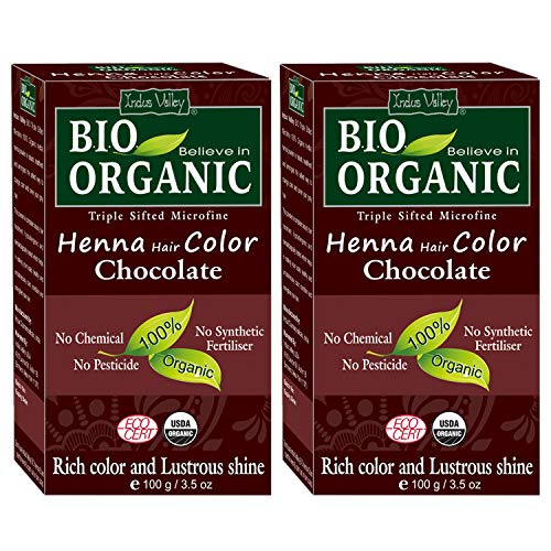 Indus Valley Natural Henna Hair Dye - 100% Gray Coverage, Vegan, USDA Organic - Chocolate, 100gm x2