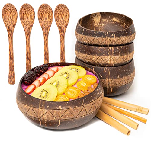 Rainforest Bowls Jumbo Coconut Bowl Set - Unique Hand-Carved, 4 Wooden Spoons & Straws - 17oz