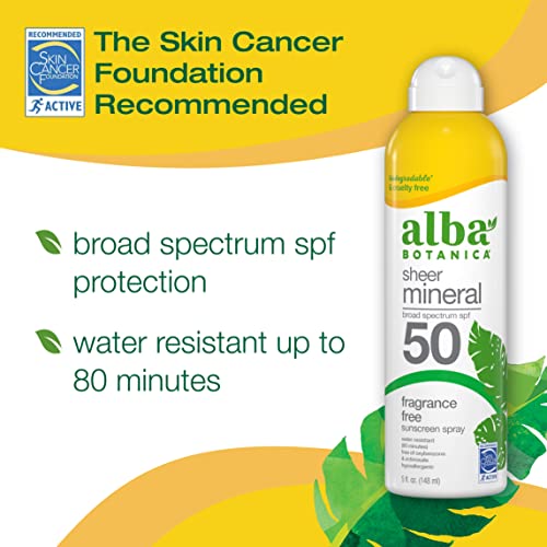 Alba Botanica Sheer Mineral Sunscreen Spray - SPF 50, Hypoallergenic, Water-Resistant - 5 fl oz