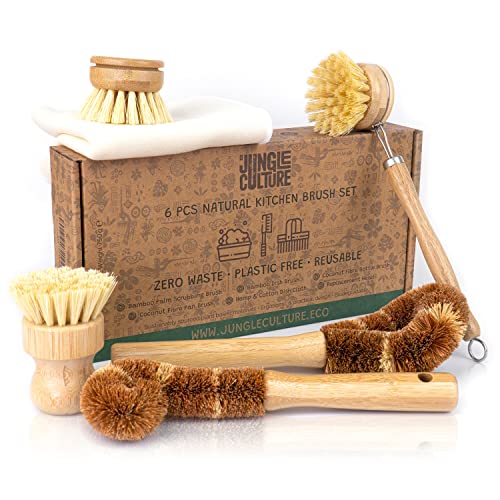 Jungle Culture® Kitchen Cleaning Set - Plant-Based Dish Brushes, Ergonomic Design - 6 Pieces