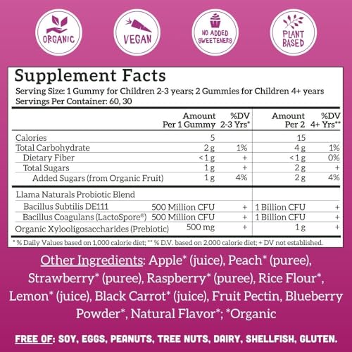 Llama Naturals Kids Multivitamin + Probiotic Gummies - Real Fruit, No Added Sugar - 30 Day Supply