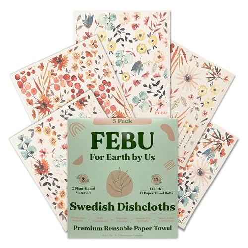 FEBU Swedish Dish Cloths - Absorbent, Reusable, Biodegradable, 5 Pack, 8"x7" Size