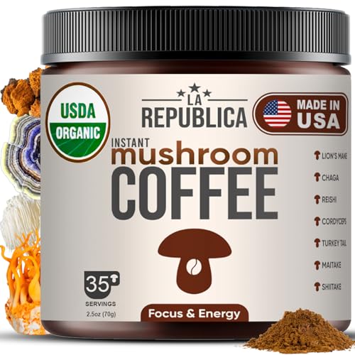 La Republica Mushroom Coffee - Enhances Focus & Energy, Organic Whole Fruiting Bodies - 35 Servings