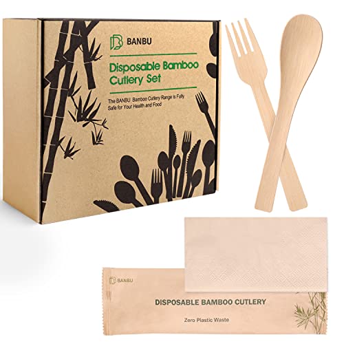 Banbu Bamboo Cutlery Set - Biodegradable Utensils with Napkins for Parties, 198 Count