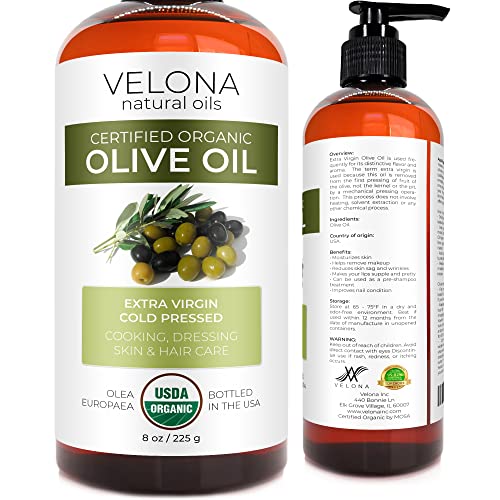 Velona USDA Organic Olive Oil - 100% Pure Moisturizer, Antioxidant-Rich for Skin & Hair - 8 fl oz