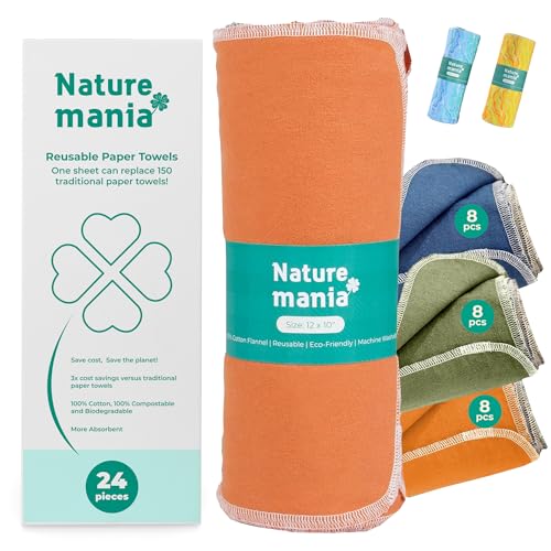 Naturemania Reusable Paper Towels - Super-Soft 100% Cotton, Machine-Washable, 24 Pack