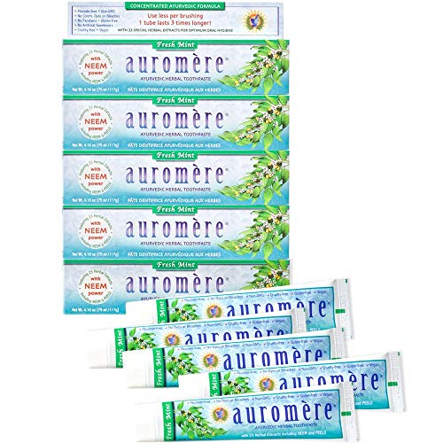 Auromere Herbal Toothpaste - Refreshing Mint, Vegan, Non-GMO, Fluoride-Free - 4.16oz, 5 Pack