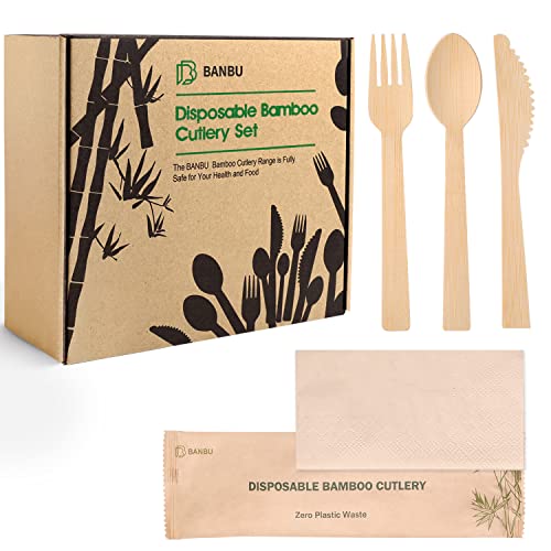 Bamboo Utensils Set - 232ct Compostable Cutlery with Napkins, No Chemicals, 6.7in Length