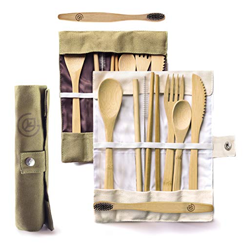 Greenzla Bamboo Utensil Set - Complete Travel Pack with Reusable Straw & Toothbrush - 2 Bags