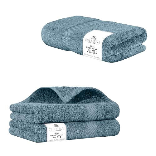 Premium 100% Cotton Towel Set - Super Absorbent, Soft & Quick Dry - Pack of 3, Blue