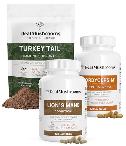 Real Mushrooms Immune Support Bundle - Turkey Tail, Lion’s Mane & Cordyceps-M - 45g & 120 Capsules