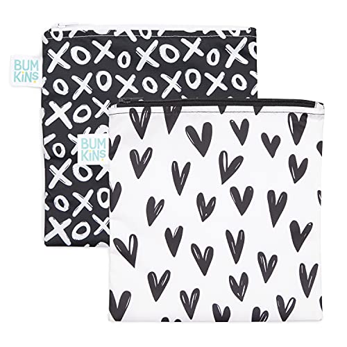 Bumkins Reusable Food Storage Bags - Waterproof, Easy Clean, BPA-Free - 2-Pack Hearts & XOXO